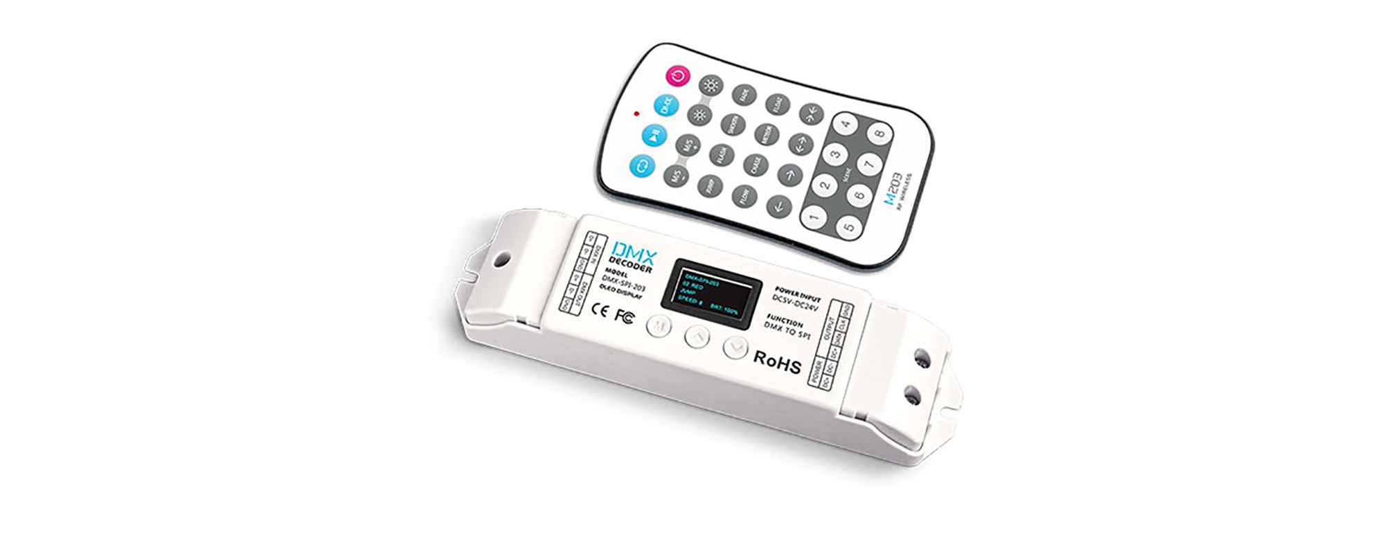 DMX-SPI-203+M203  DMX to SPI Converter OLED Display with M203 remote, Change Mode: 540, DMX Manage Mode: 6CH, DMX Decode Mode: 510CH, 5/12/24V DC, Remote CR2032 battery, RF 2.4GHz, IP44.